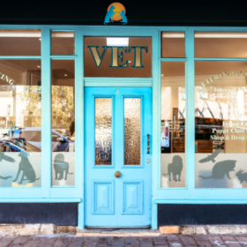 photo of shopfront with large windows and blue painted door